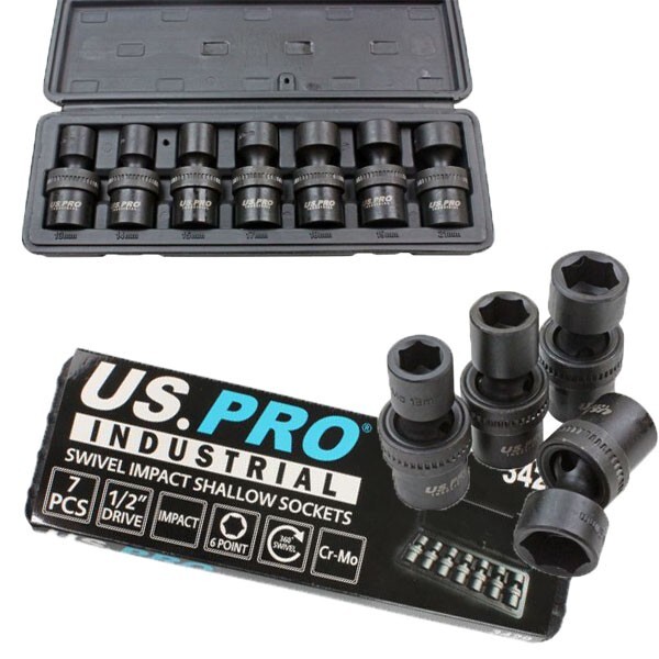 US PRO INDUSTRIAL 7pc 1/2"" DRIVE 6pt Swivel Impact Shallow Sockets 13mm - 21mm