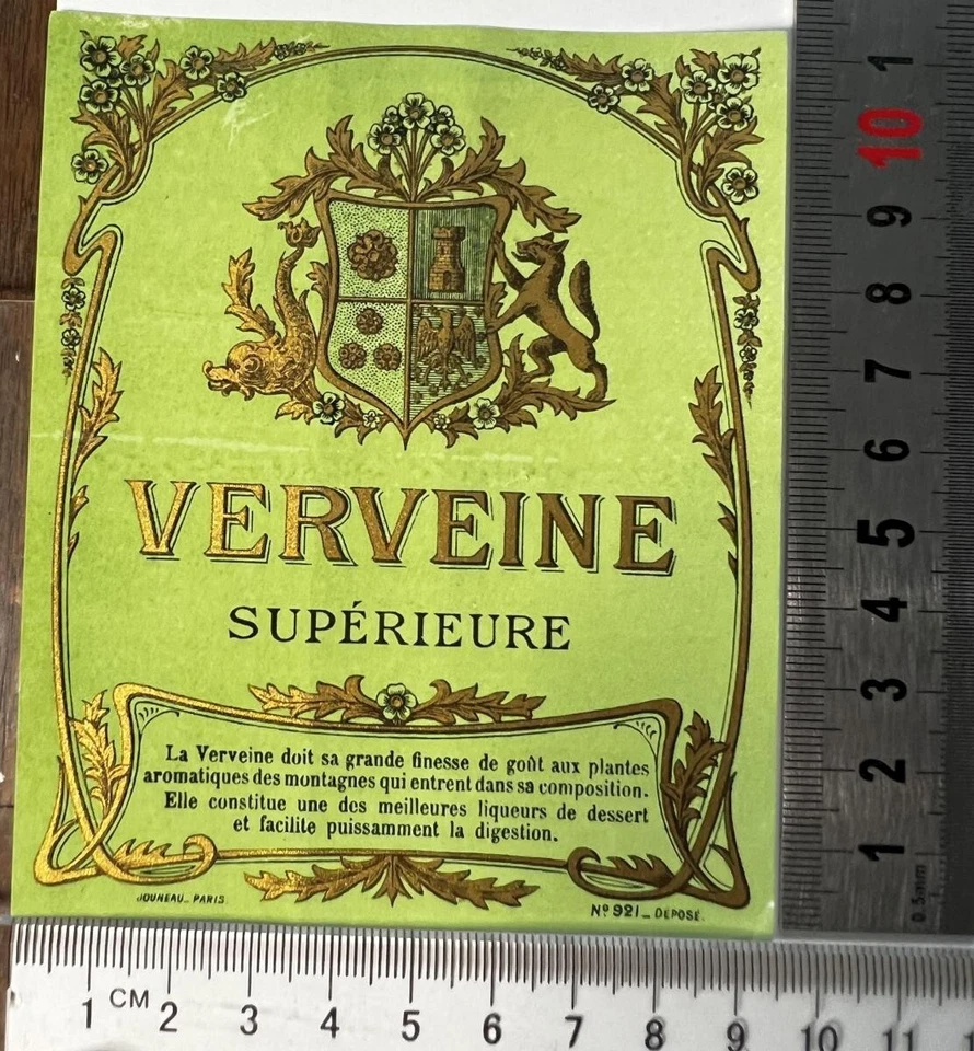 VERVEINE LIQUEUR c.1940 ? Original Vintage Old Alcohol France Gold Green LABEL - Image 1 of 1