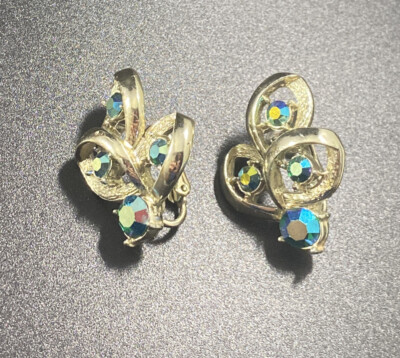 Coro Aurora Borealis Rhinestone Clip On Earrings Gold Tone Open Work