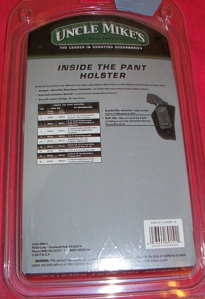 IWB Large Frame Auto Pistol Holster 3.75” 4.5 Barrel Colt fits Glock Uncle Mikes - Image 4 of 4