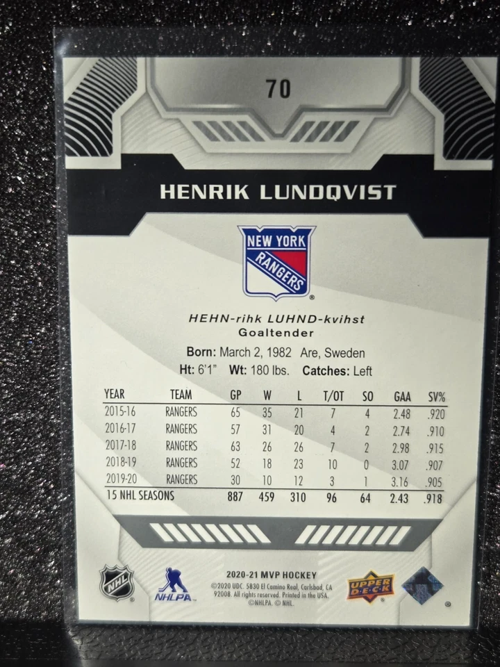 2020-21 Upper Deck MVP Super Script /25 Henrik Lundqvist #70 HOF - Image 2 of 2