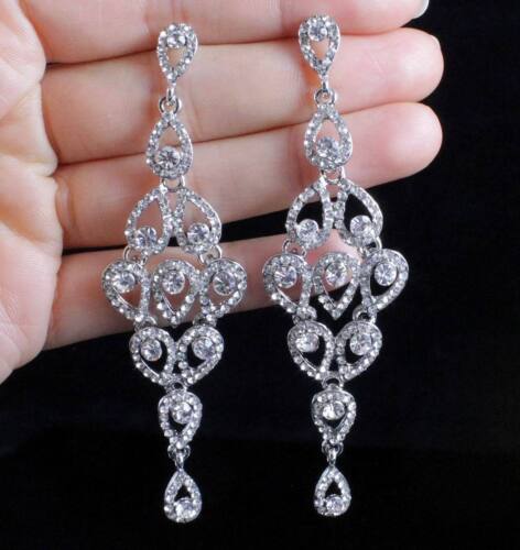 DROPS AUSTRIAN CRYSTAL RHINESTONE SILVER CHANDELIER DANGLE EARRINGS BRIDAL E2088 - Afbeelding 1 van 3