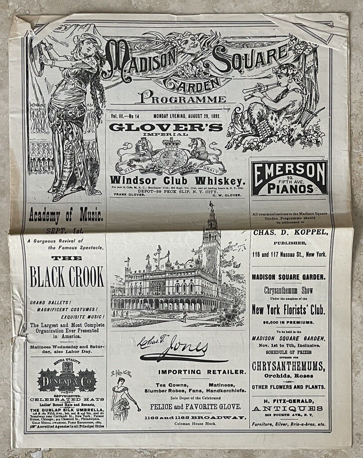 Square Famous Programs **VERY RARE ANTIQUITY** 1892 Madison Square Garden Program incl ...