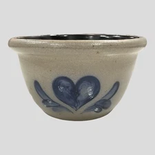 Rowe Pottery Works Medium Salt Glazed Mixing Bowl 8” Diameter Blue Heart 1994