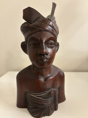 antique carved balinese Indonesian Bali woman lady bust wood carving sculpture .