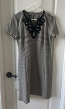 Talbots Navy and White Striped Sheath Midi Dress with Embroidered Detail Large
