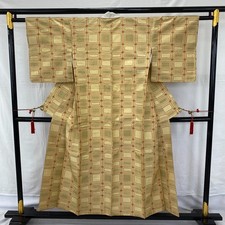 Japanese Vintage Kimono Silk Beige Tumugi Traditional Authentic Length 59 in