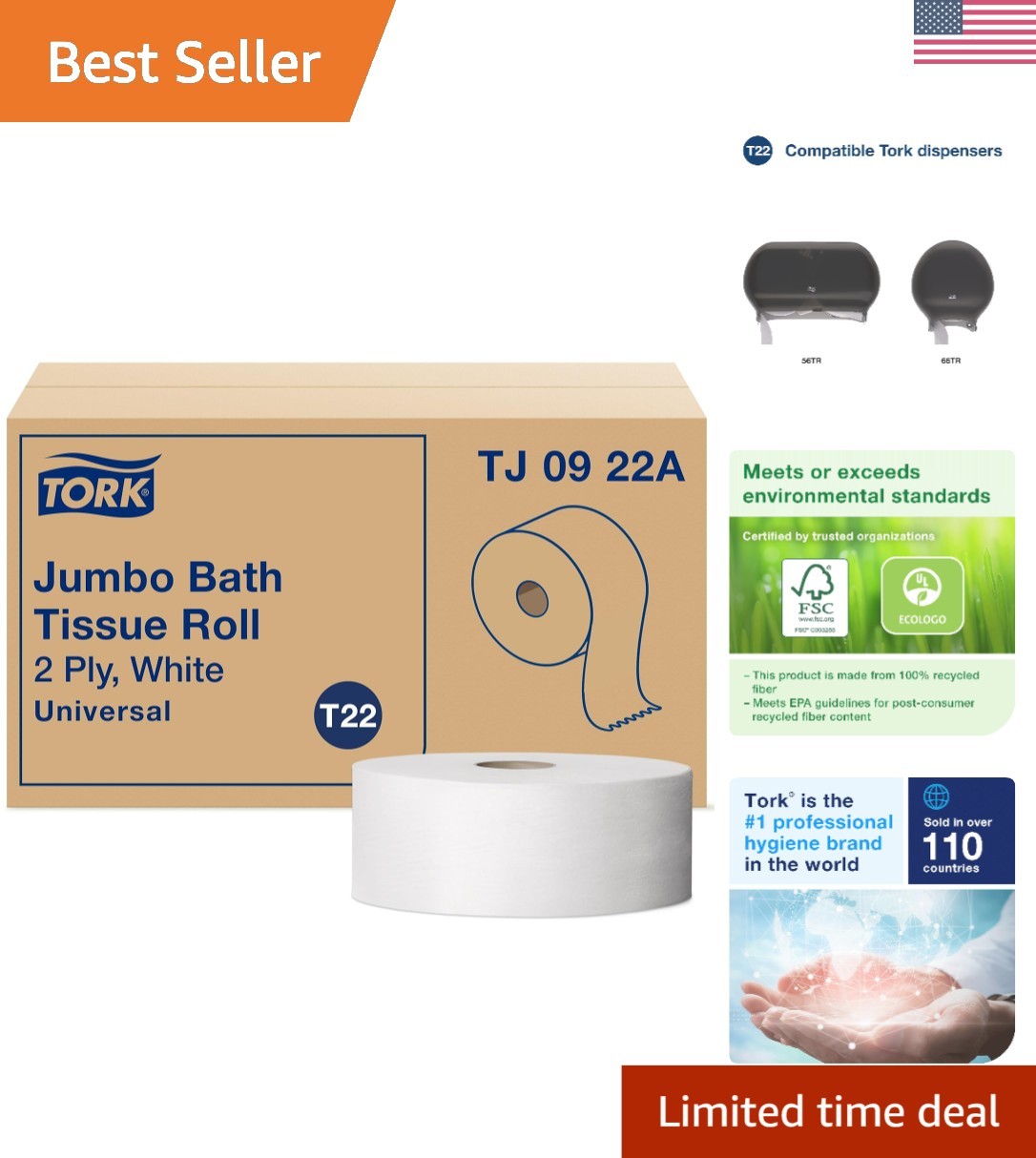Eco-Friendly Jumbo Toilet Paper Roll T22 - 12 Rolls, 2-Ply for Strong Absorption