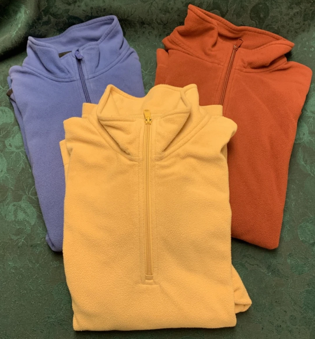 3 Duluth Trading 1/4 Zip Large Long Sleeve Fleece Shirts: Blue, Yellow & Rust