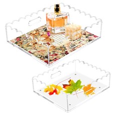 2 Pack Scalloped Acrylic Tray, Clear Acrylic Tray with Magnetic Mat, Portable...