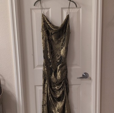 Zara Basic Gold Black Abstract Slip Dress Long Cowl Neck Ruched Straps Size M