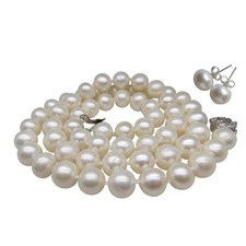 Long 30 Inch Set ROUND 9-10mm White Pearl Necklace Earrings Set Cultured