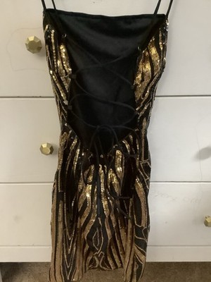 Privy Sequin Lace-Up Strappy Mini Bodycon Dress Black Gold Straight Neck S  | eBay