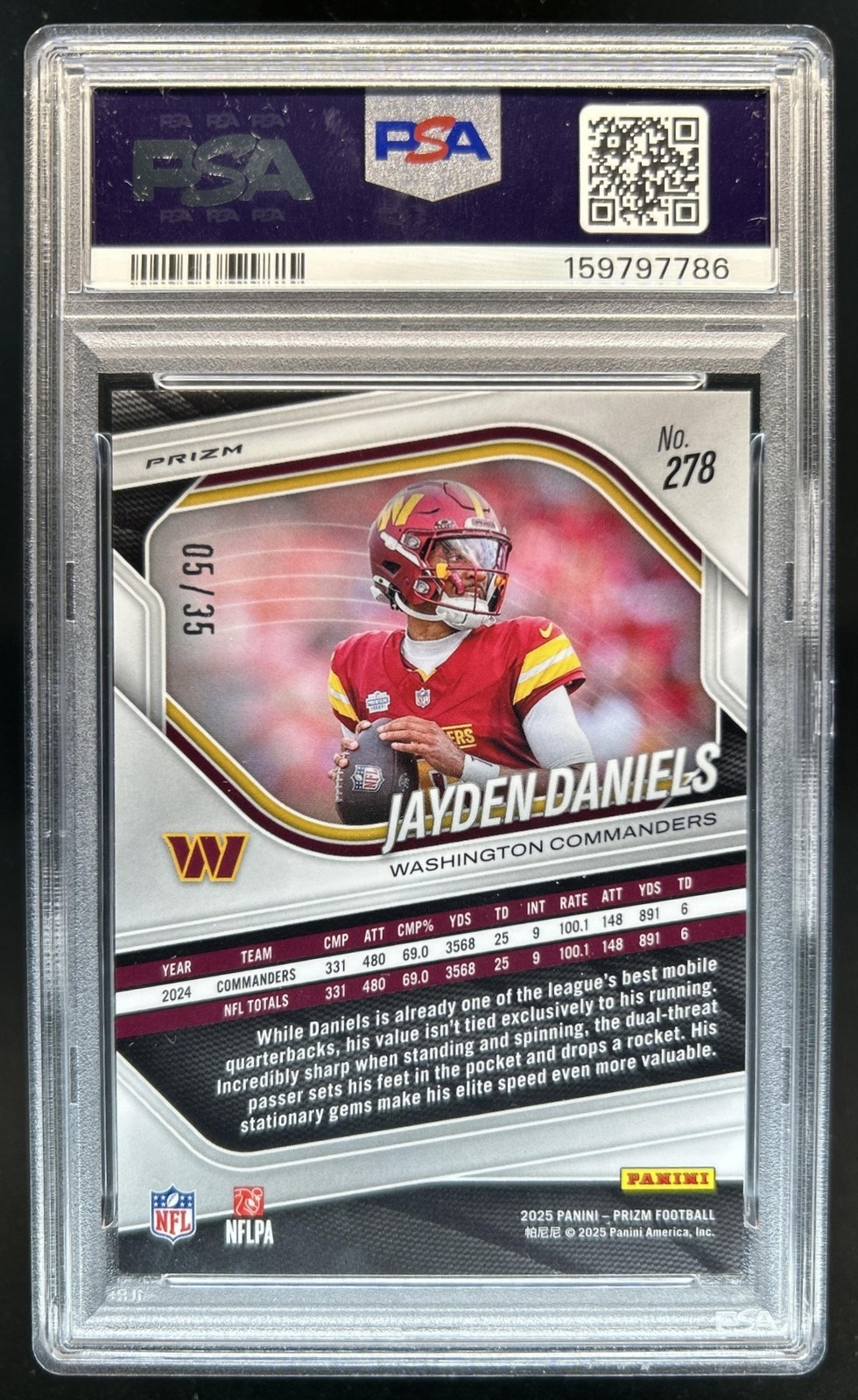 2025 Panini Prizm Jayden Daniels Blue Shimmer #/35 Commanders PSA 10 GEM MINT view 2