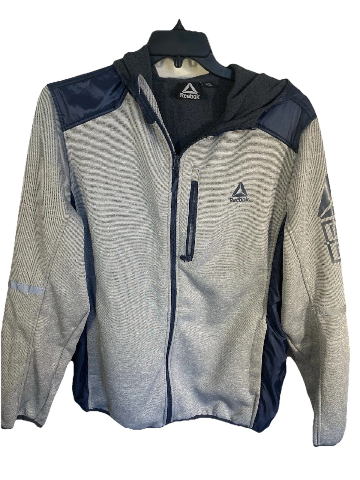 Reebok Men’s XL Fleece Lined Jacket Gray Navy Full Zip Athletic Softshell