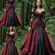 Vintage Gothic Wedding Dress Long Sleeves Red-Lace Appliques A-Line Bridal Gowns