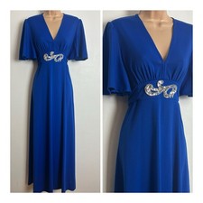 Vintage 1970s Royal Blue Sequin Applique Detail Tie Back Occasion Maxi Dress 8