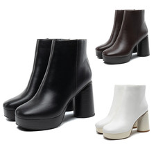 Women Platform Ankle Boots Chunky High Heel Round Toe Side Zipper Booties