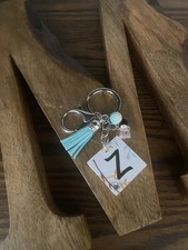 Handmade White & Teal Wooden Alphabet Keychain / Initial LETTER Z-Free Shipping