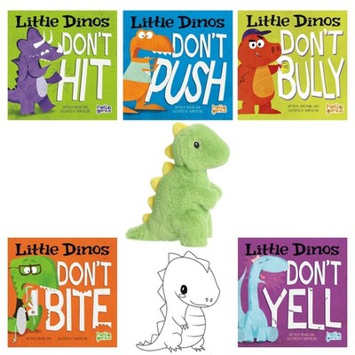 Hello Genius Little Dinos 5 Board Books Don't Hit, Push, Bully, Bite, Yell Plush