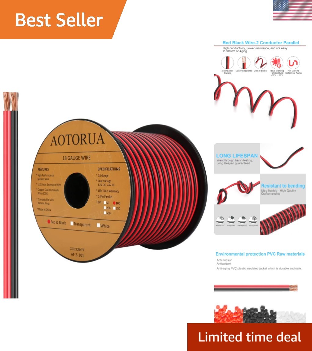 100FT 18/2 Gauge Red Black Cable Hookup Electrical Wire, 18AWG 2 Conductor 2 Col