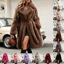 Women Long Faux Fur Coat Lapel Collar Belted Waist Loose Warm Winter Outerwear