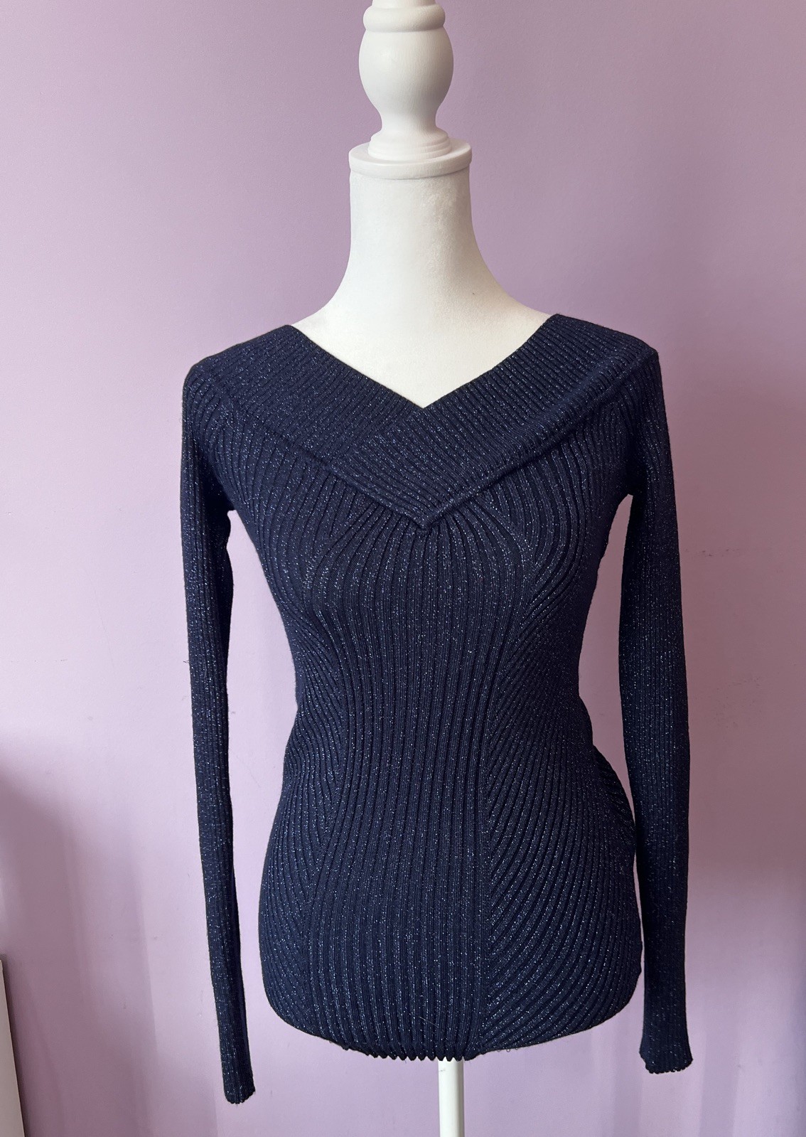 Candie's women’s Metallic Long Sleeve Blue V-neck  Sweater Y2K  Size Medium