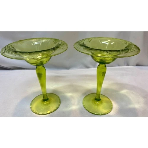 2 Green Uranium Depression Glass Etched Flowers Footed 6.5" Tall Compote