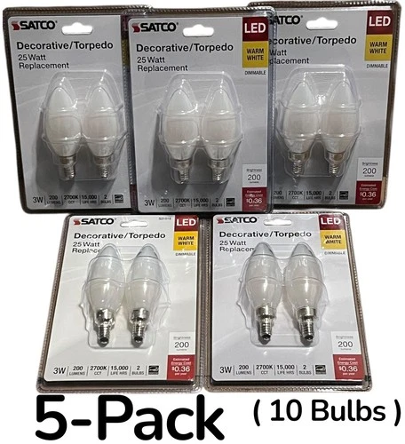 Satco S21818 LED Torpedo Light Bulb 3W=25W Frost E12 ( 10 Bulbs Total ) New - Picture 1 of 4
