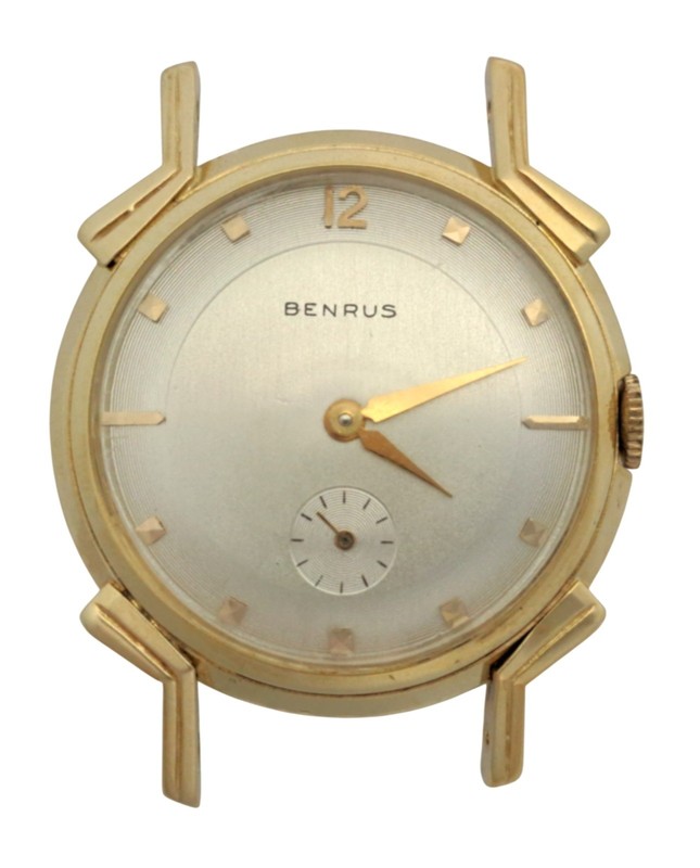 14k Gold Benrus Funky Art Deco Round Running Mens Vintage Wrist Watch