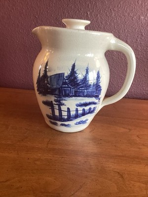Vintage 1992 P.R. Storie Marshall,TX 8  Stone Pitcher W/Lid Colbalt Farm Scene