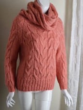 Estate S M Hand-Knit Peach Fluffy Mohair Heavy Cable Dramatic Cowl Wool Sweater