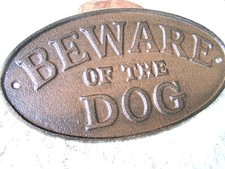 Cast Iron BEWARE OF THE DOG Oval Plaque Sign Wall Decor Kennel Indoor OR out