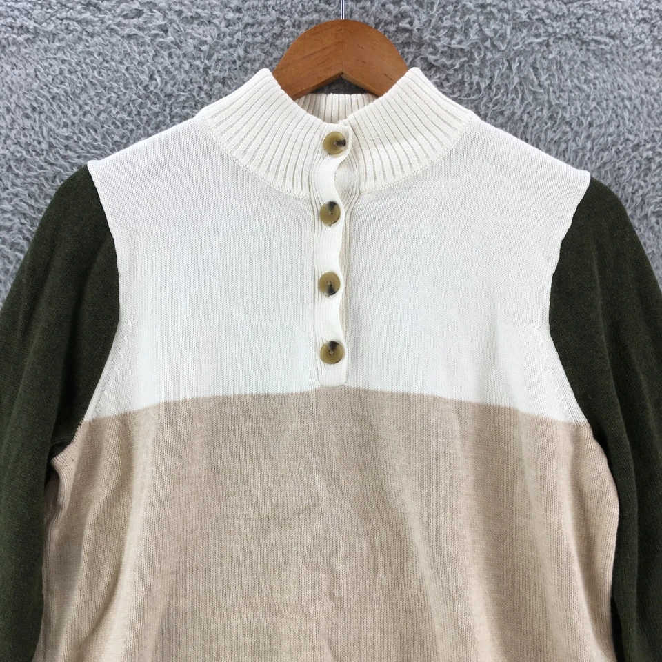 J.Crew Color Block Mock Neck Sweater Men M Beige Green Cotton Knit Button Up NEW - Image 2 of 4