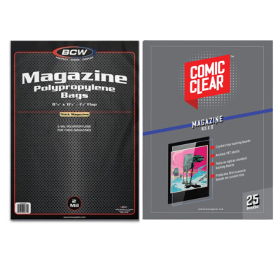 25 BCW Thick Magazine Bags & Comic Clear Magazine Boards Archival Plastic Boards