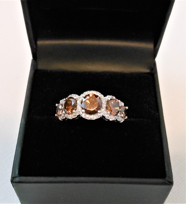 SW Signed Halo Set 5 Stone Root Beer Quartz & CZ 925 Sterling Silver Ring