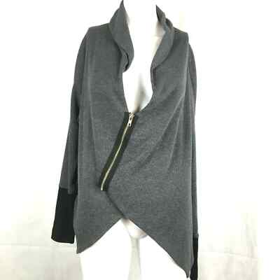 John Eshaya Cardigan Womens Sz OS Gray Knit Zip Up V-Neck Angled Hem Sweater