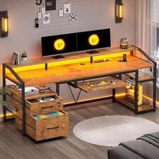 63" Computer Desk, Gaming Desk with LED Light & Power Outlet Home Office Desk