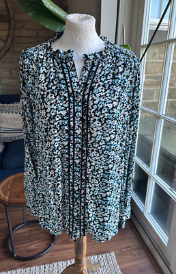 Marks & Spencer Collection Blue Long Sleeve Floral Collarless Blouse Sz 12 New