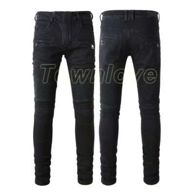 Men's Retro Slim Jeans Classic Slim Pleated Denim Stretch Motorcycle Black Pants