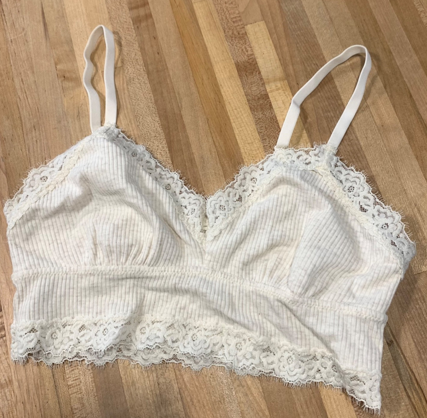 Aerie Bralette Size S Ribbed Knit Lace Trim Oatmeal Beige-image