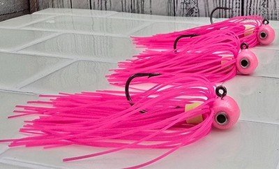 Hot Pink Silicone Skirt Salmon Twitching Jigs w/ Realistic Eyes 5/8 oz. 3 pack