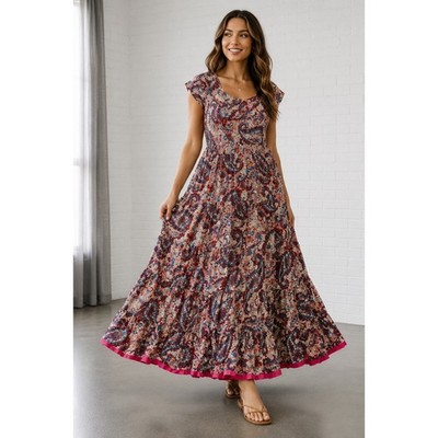 Soft Surroundings Kara Paisley Maxi Dress Women s L Boho Pink Blue Short Sleeve