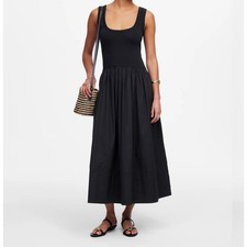 Madewell Mixed-Media Tank Midi Dress Black Cotton Poplin size S NV436