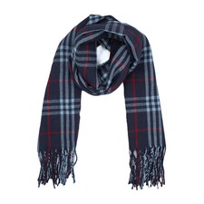 Winter Checkered Scarf, Soft Cashmere Feel, Plaid Neck Warmer with Tassels, Navy
