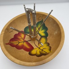 Vintage Wood Nut Bowl Set Hand Painted Leaves With Nut Cracker and 6 Picks