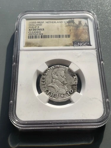 Spanish Netherlands Philip II 1558-98 Holland  1/10 Daaler NGC certified XF Det.