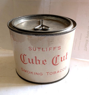 EMPTY vintage Sutliff's Cube Cut Smoking Tobacco tin white with red letters