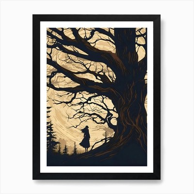 Frau unter einem alten Baum Kunstdruck gerahmtes Wandbild Poster Leinwanddruck Bild