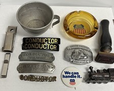 Vintage Union Pacific RR Lot Conductor & Brakeman Badges, Ashtray, Stamp, Cup